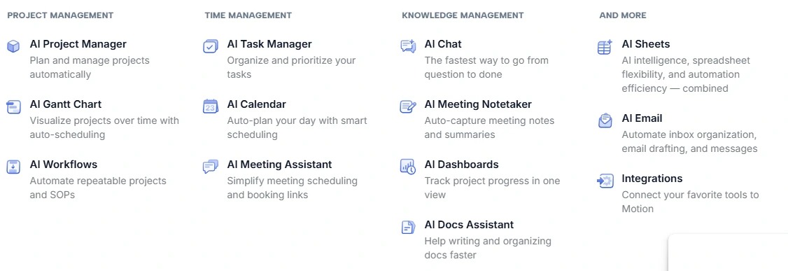 Comprehensive overview of Motion's key features including AI scheduling, calendar management, and task automation