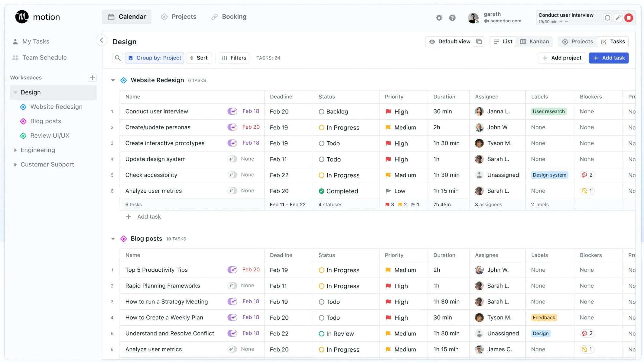 Animation demonstrating Motion AI's auto-replanning feature where tasks shift automatically after a meeting is moved.