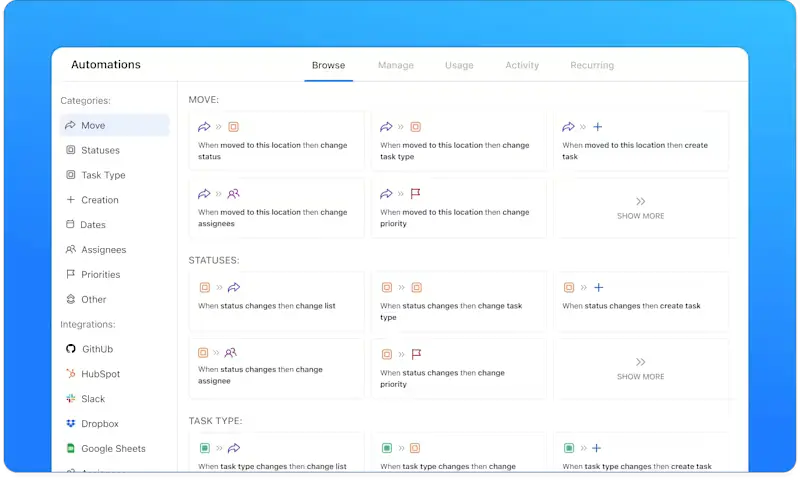 ClickUp automation builder interface with multiple triggers and actions configured