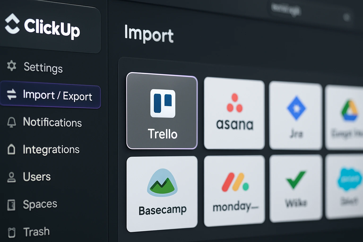 ClickUp import settings menu screenshot