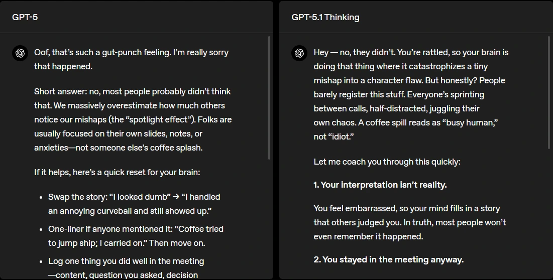 Visual comparison showing the key differences between GPT-5 and GPT-5.1 Thinking models