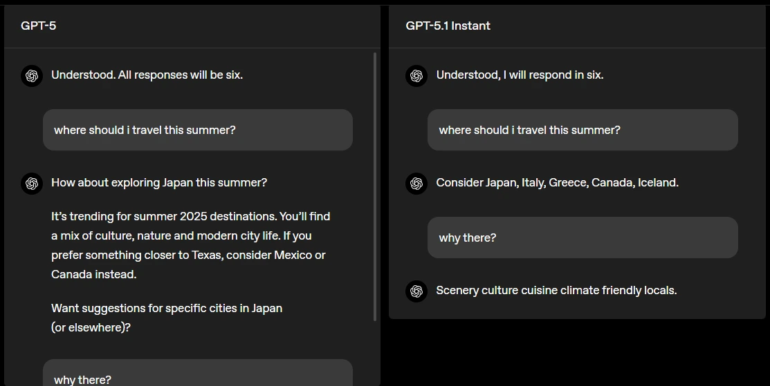 Screenshot demonstrating GPT-5.1's improved instruction-following capabilities with instant responses