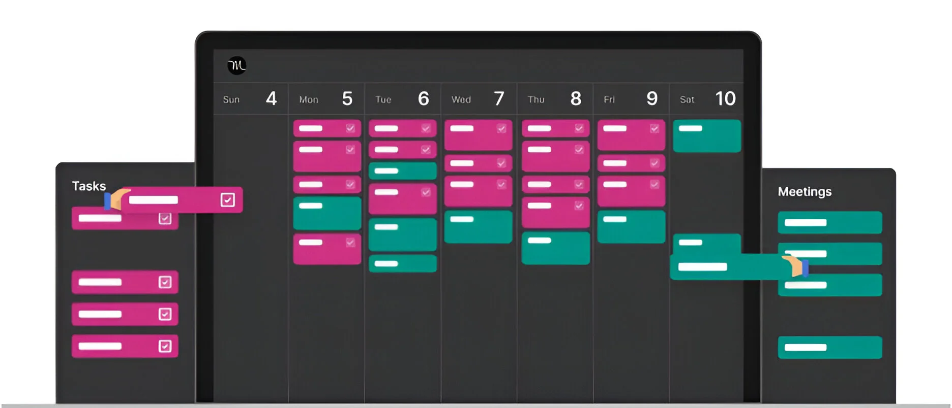 Motion AI calendar interface showing a fully scheduled day with color-coded tasks and meetings.