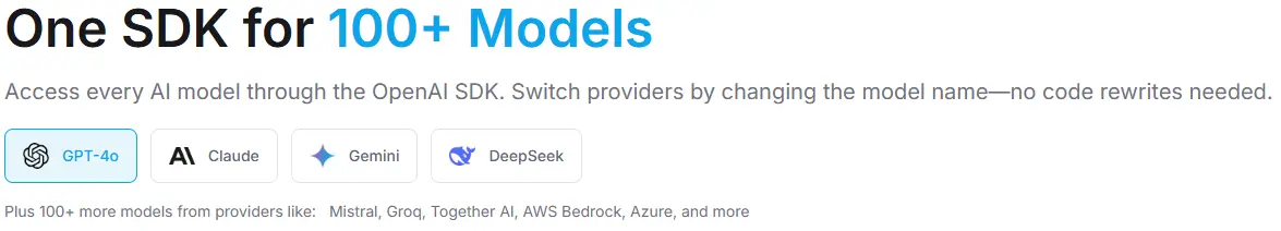 Helicone supporting more than 100 LLM models from various providers including OpenAI, Anthropic, Google, and more
