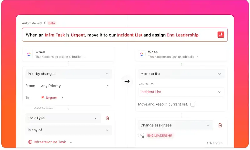ClickUp AI automation interface showing trigger and action setup