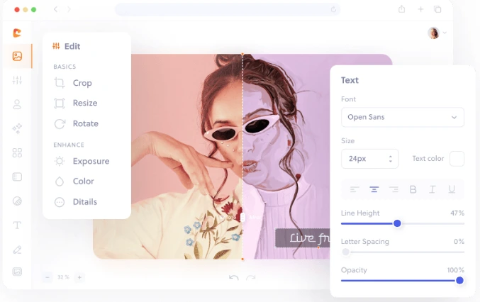 Colorcinch free online photo editor interface showing AI cartoonization tools