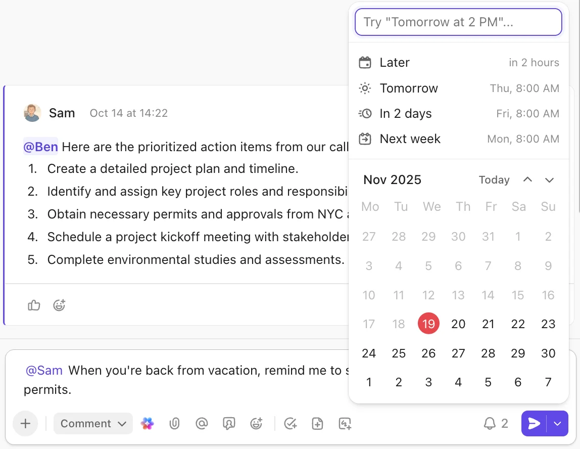ClickUp scheduled messaging feature
