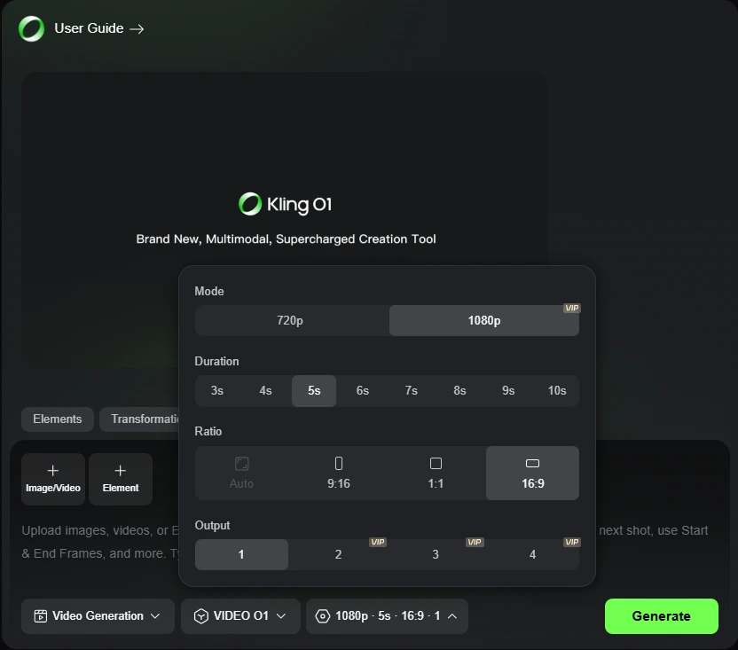 Kling AI video generation interface showing text-to-video creation