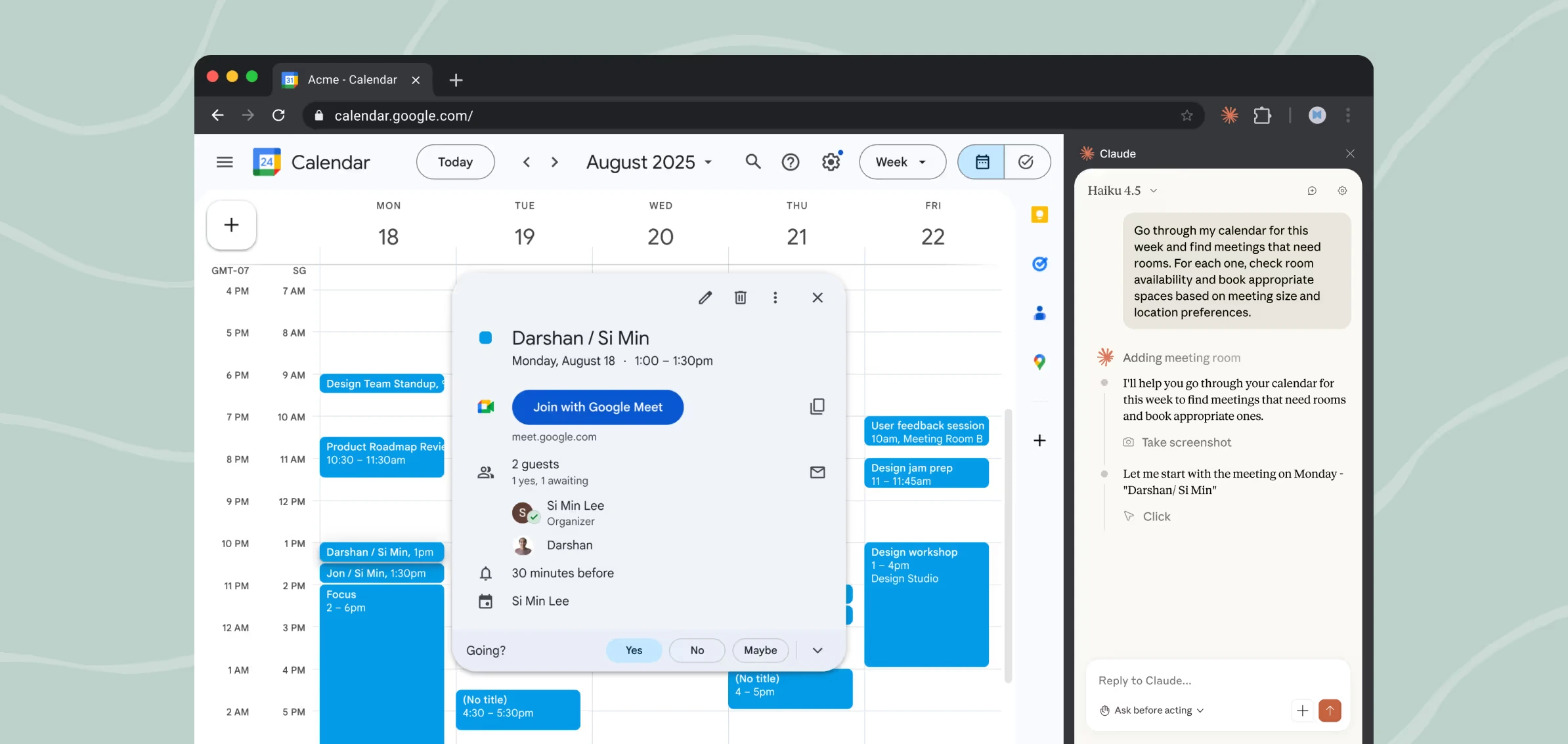 Claude in Chrome side panel interface showing AI assistant controls