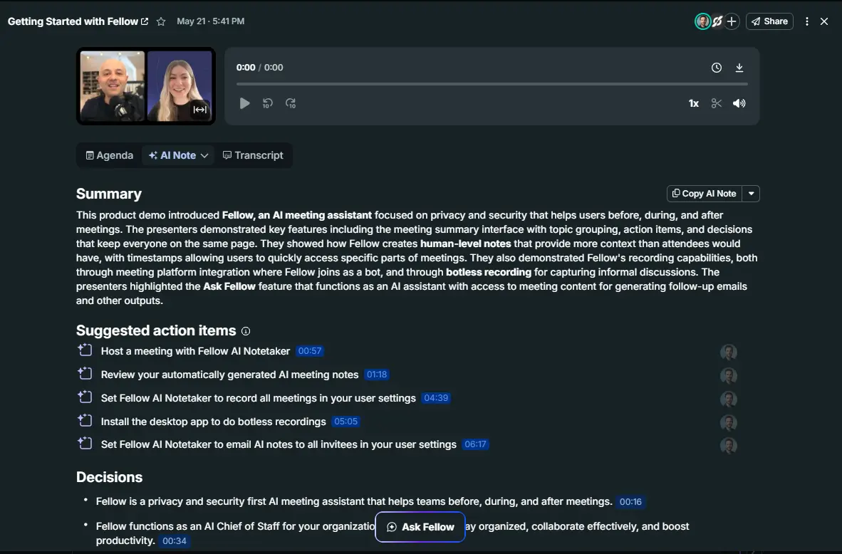 Fellow AI meeting notes showing summary, action items and decisions