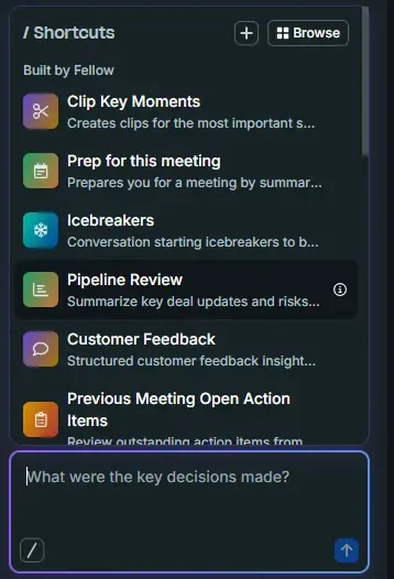 Ask Fellow shortcuts panel showing Clip Key Moments, Pipeline Review and more