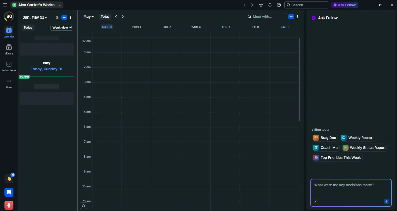 Fellow calendar integration showing week view synced with Google Calendar