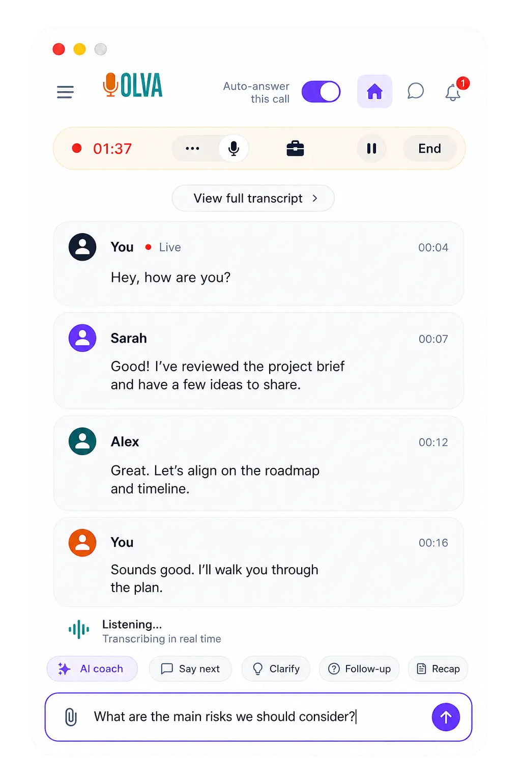 OLVA's mobile interface mid-call showing live transcript and AI coach shortcuts