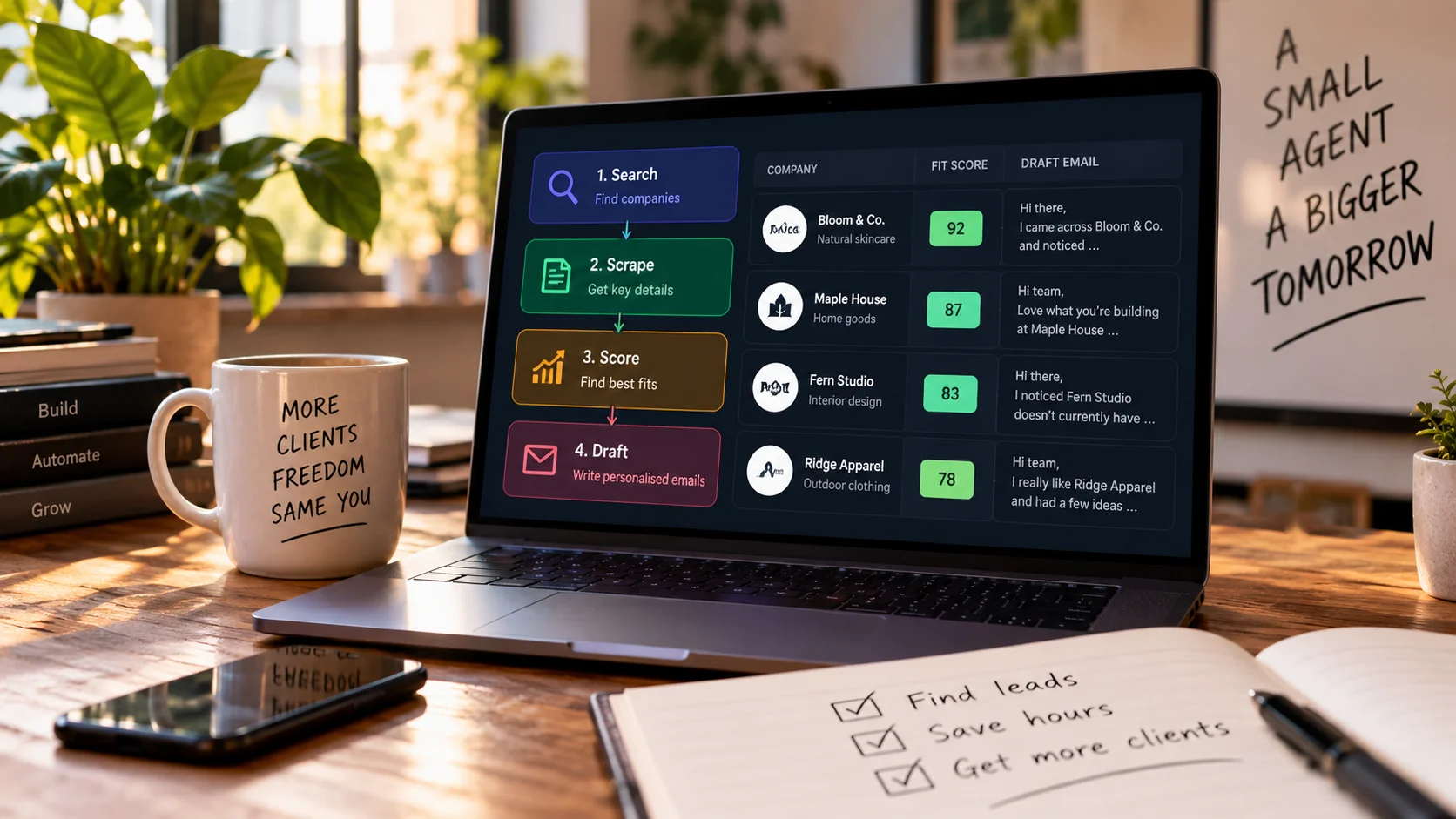 Laptop showing an AI agent that searches, scrapes, scores and drafts emails for client leads