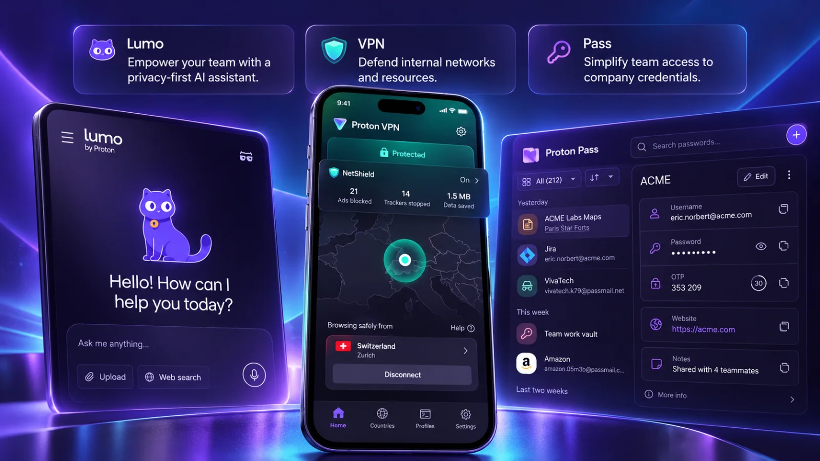 Lumo AI assistant, Proton VPN and Proton Pass shown on tablet, phone and desktop screens